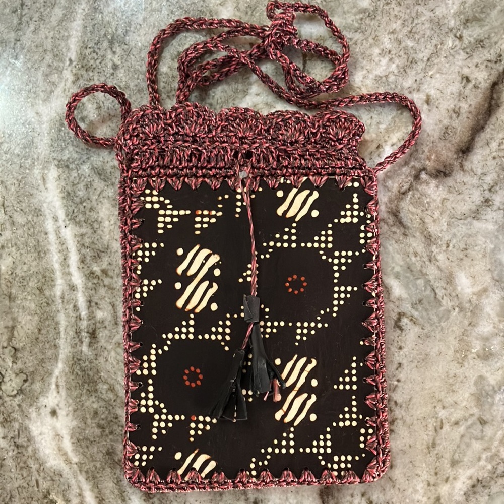 Handmade Batik Fabric and Crochet Small Crossbody Bag
